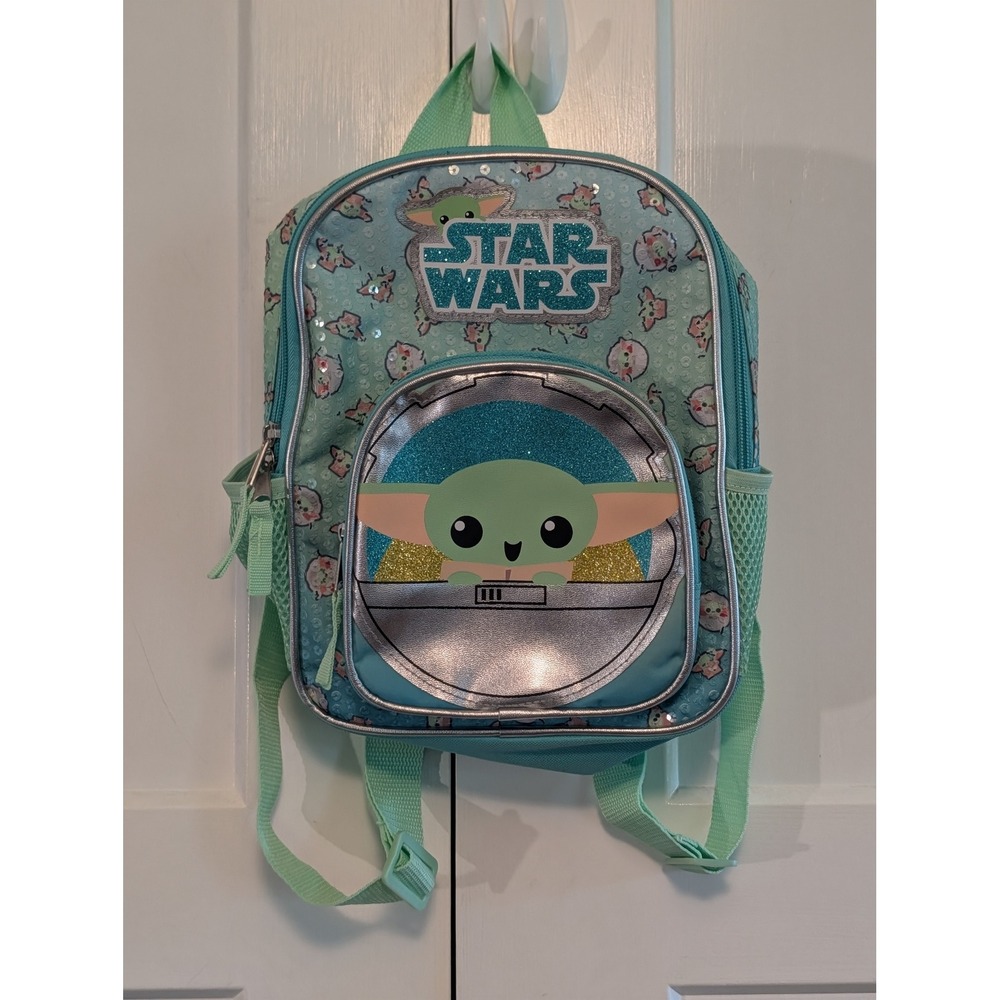 Star Wars Grogu Baby Yoda Mini Backpack Sequin Glitter Aqua Mandalorian Kids Bag